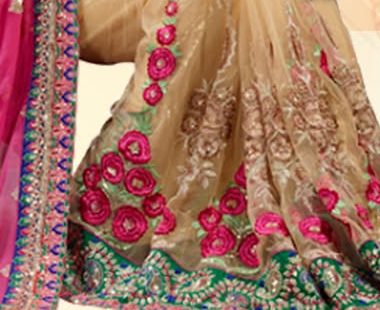 Rose embroidery on a beige and pink net saree